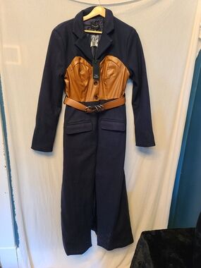 The Sang Wool Blend Navy Trench with Tan Faux Leather Bustier